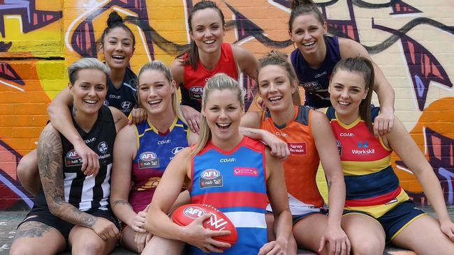 The AFL revealed the uniforms for the AFL Women’s league on Thursday. Picture: Wayne Ludbey