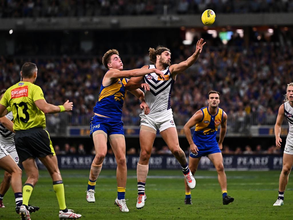 Jack Williams of the Eagles competes in a ruck contest with Luke Jackson. (Photo by Daniel Carson/AFL Photos via Getty Images)