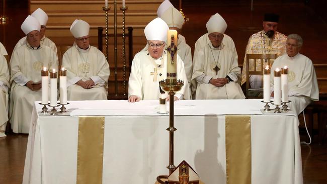 Adelaide Archbishop Philip Wilson leads the service for the funeral of retired Adelaide Archbishop Leonard Faulkner at St Francis Xavier's Catholic Cathedral. Picture: Calum Robertson