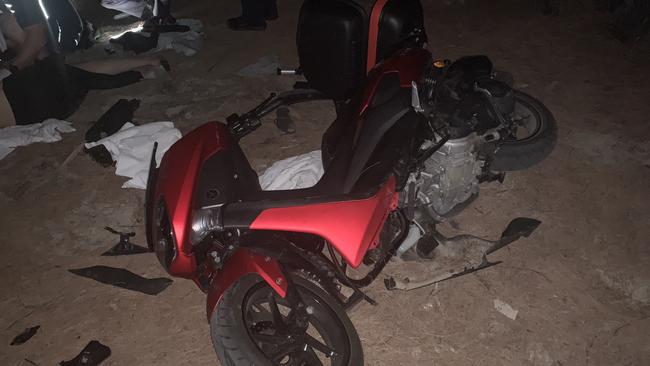 The Yamaha 155cc moped at the scene of a horror smash about 1am on the Main Beach beach-edge walkway that's part of Philip Park, just across from the Marina Mirage turnoff. PICTURE: Ryan Keen