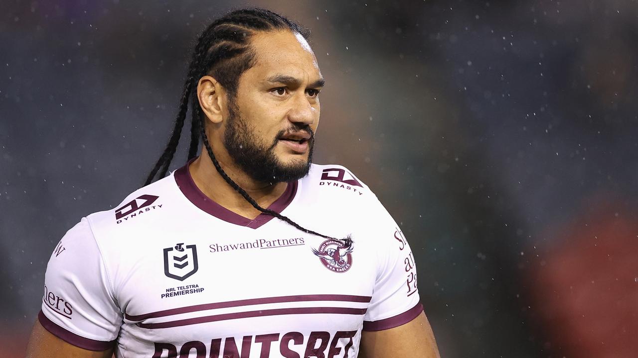 NEWCASTLE, AUSTRALIA - APRIL 07: Martin Taupau of the Sea Eagles warms up during the round five NRL match between the Newcastle Knights and the Manly Sea Eagles at McDonald Jones Stadium, on April 07, 2022, in Newcastle, Australia. (Photo by Cameron Spencer/Getty Images)