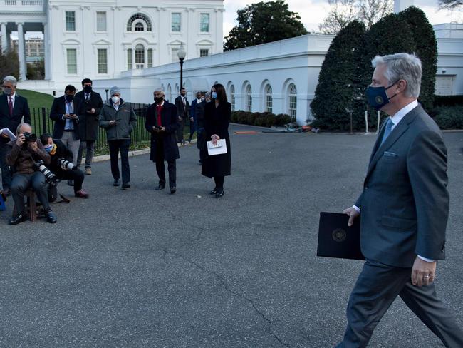 National Security Adviser Robert O'Brien on his way to speak to the press last November. Picture: AFP.