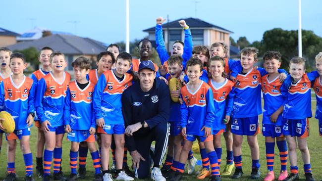 Jeremy Cameron at Armstrong Creek FC’s under-9s training in 2023. Picture: Mark Wilson