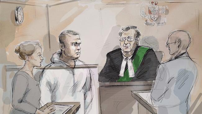 In this courtroom sketch, Duty counsel Georgia Koulis, from left, Alek Minassian, Justice of the Peace Stephen Waisberg and Crown prosecutor Joe Callaghan appear in court in Toronto on Tuesday, April 24, 2018. The 25-year-old suspect, Minassian, was charged Tuesday with first degree murder in the deaths of 10 pedestrians he mowed down in the rented van he sent careening along the busy walkway. (Alexandra Newbould/The Canadian Press via AP)