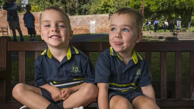 Hugh and Lachie Seville at Royal Botanical Gardens Tasmania are twins starting school in 2025. Picture: Caroline Tan