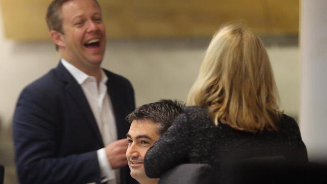 Cameron Caldwell (left) shares a joke before a council meeting. — the city behind closed doors is looking at options to protect its koala population. Pic by Richard Gosling