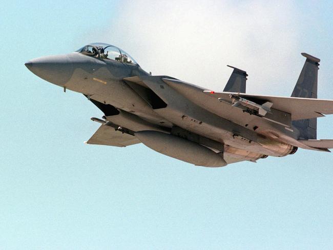 An US F-15 jet fighter ascends into the sky over the Kadena Air Base on Okinawa, Japan in this file photo. Picture: AP.