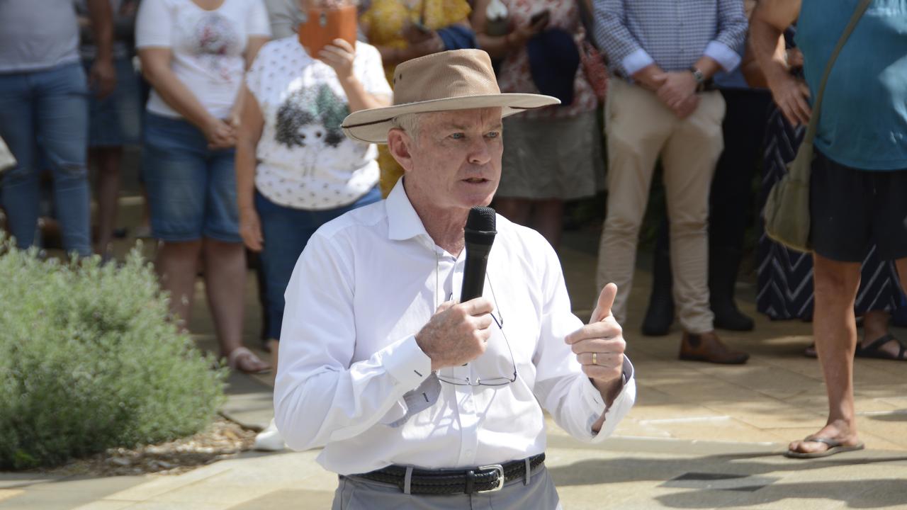 One Nation Senator Malcolm Roberts addresses the crowd at the Toowoomba anti-vaccine mandate rally outside City Hall on Tuesday, December 14, 2021.