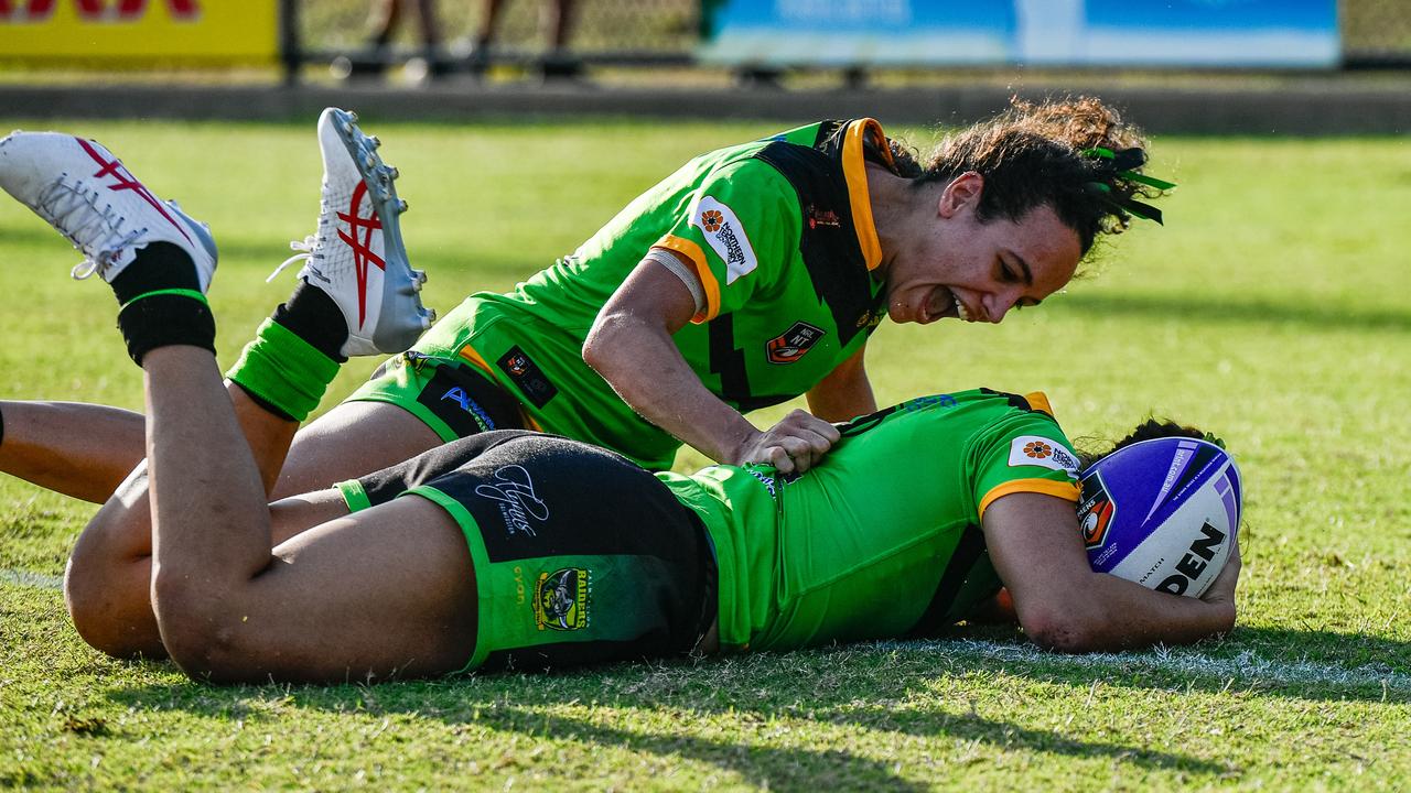 Tahlia Hazel and Rose-Maree Goninon as the Palmerston Raiders take on Darwin Brothers in the NRL NT women's grand final. Picture: Pema Tamang Pakhrin