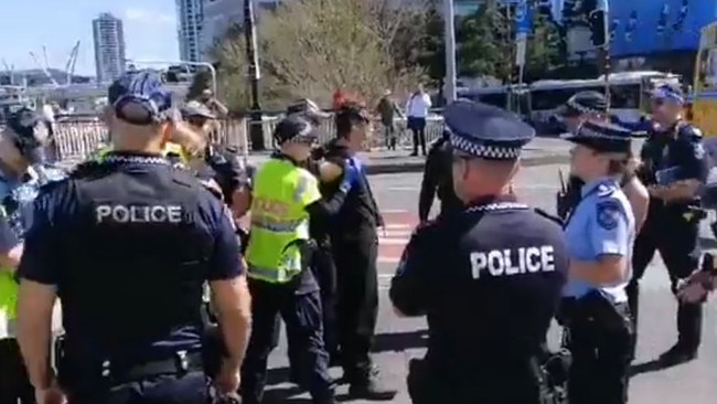 Two Extinction Rebellion protesters have been arrested after shutting down part of Victoria Bridge in Brisbane's CBD. Picture: Facebook