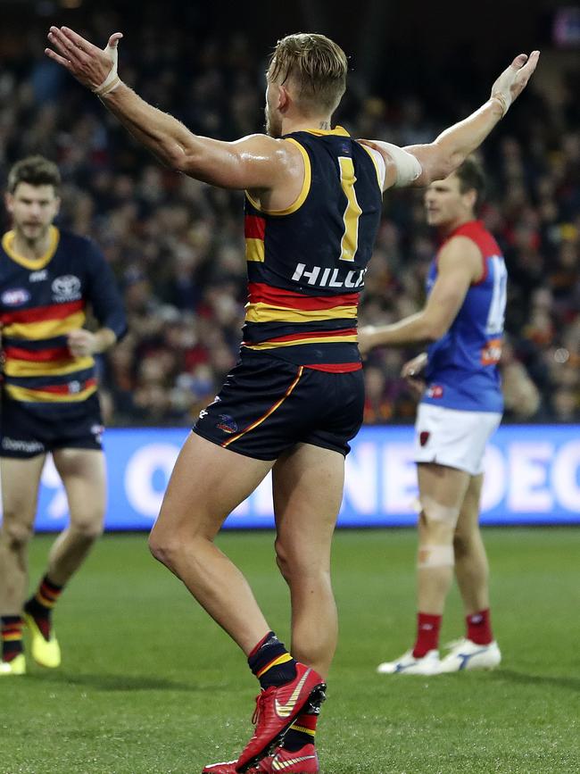 Hugh Greenwood celebrates a goal for the Crows. Picture: Sarah Reed