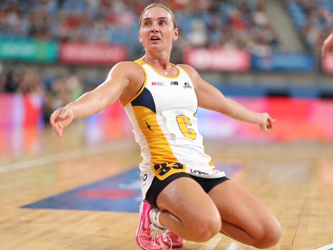 SYDNEY, AUSTRALIA - MARCH 24: Liz Watson of the Lightning reacts during the 2024 Suncorp Team Girls Cup match between the Lightning and the Fever at Ken Rosewall Arena on March 24, 2024 in Sydney, Australia. (Photo by Mark Metcalfe/Getty Images for Netball Australia)