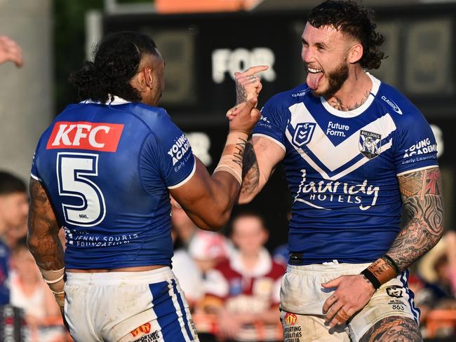 BUNDABERG, AUSTRALIA - AUGUST 17: Bronson Xerri of the Bulldogs reacts during the round 24 NRL match between Canterbury Bulldogs and Dolphins at Salter Oval, on August 17, 2024, in Bundaberg, Australia. (Photo by Emily Barker/Getty Images)