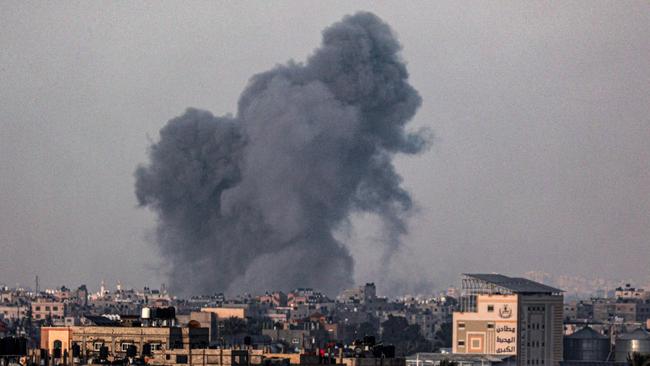 Smoke billowing over Khan Yunis in the southern Gaza Strip during Israeli bombardment, amid ongoing battles between Israel and Hamas. Picture: AFP