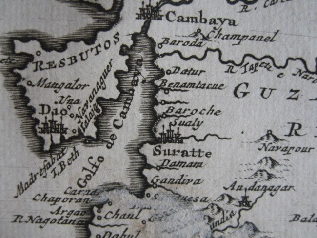 The bay, now known as the Gulf of Khambhat, in a 1706 map. Picture: Wikimedia Commons