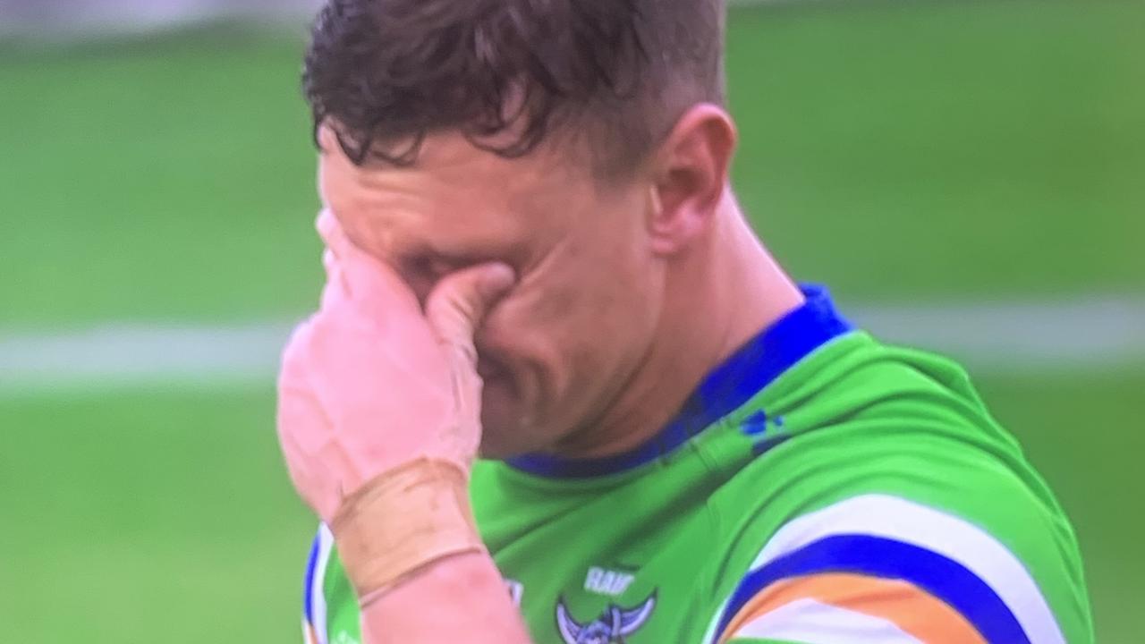 An emotional Jack Wighton broke down in tears after Canberra’s win over the Dolphins.