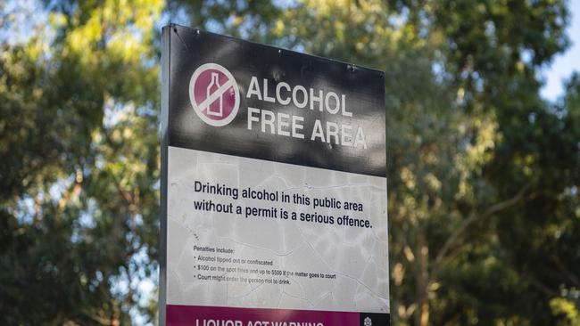 An alcohol free area sign is seen near the Todd River Stott Terrace Bridge in Alice Springs, Monday, February 6, 2023. Picture: Kevin Farmer