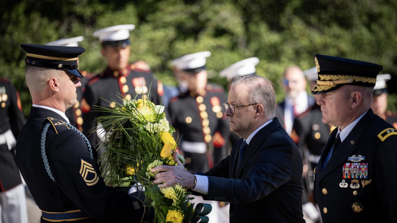 Prime Minister Anthony Albanese lays a wreath at the Tomb of the Unknown Soldier ahead of his high-level meetings with US officials in Washington. Picture: Getty Images