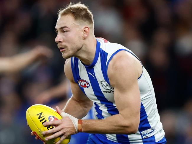 MELBOURNE, AUSTRALIA - AUGUST 12: Ben McKay of the Kangaroos in action during the 2023 AFL Round 22 match between the North Melbourne Kangaroos and the Essendon Bombers at Marvel Stadium on August 12, 2023 in Melbourne, Australia. (Photo by Michael Willson/AFL Photos via Getty Images)