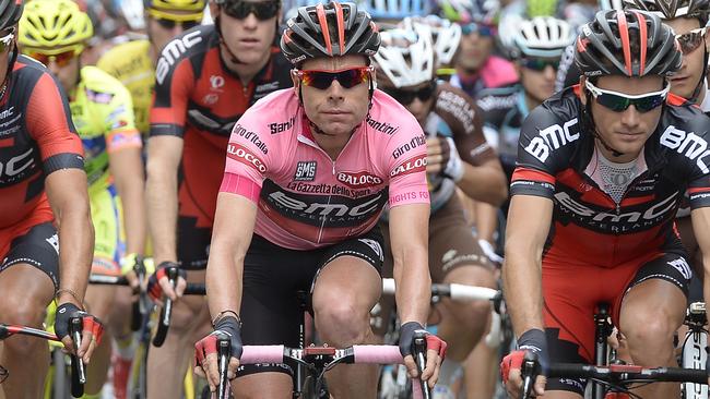 Overall leader Cadel Evans of Australia, center, pedals in the pack during the 10th stage of the Giro d'Italia, Tour of Italy cycling race, from Modena to Salso Maggiore, Italy, Tuesday, May 20, 2014. (AP Photo/Fabio Ferrari)