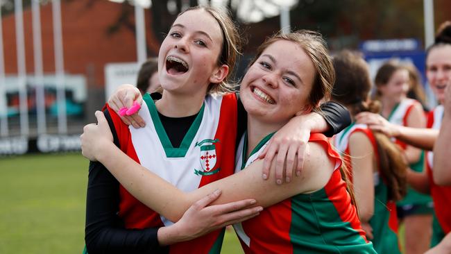 Clonard College players celebrate during the 2022 Herald Sun Shield Intermediate Girls Grand Final. Picture: Dylan Burns/AFL Photos via Getty Images