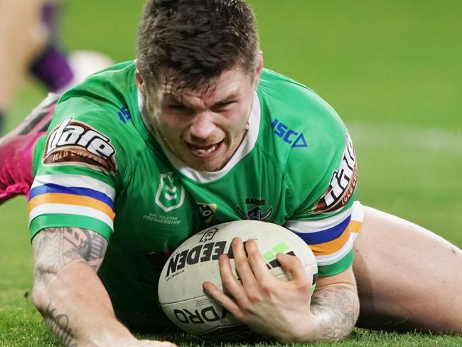 John Bateman of the Raiders celebrates a try during the NRL Second Qualifying match between the Melbourne Storm and the Canberra Raiders at AAMI Park in Melbourne, Saturday, September 14, 2019. (AAP Image/Michael Dodge) NO ARCHIVING, EDITORIAL USE ONLY