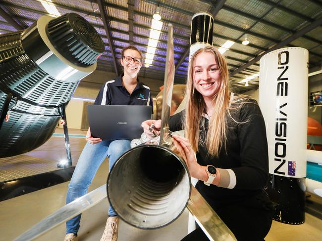 Young engineers working on rockets at Gold Coast based Gilmour Space Technologies. L-R: Propulsion Engineers Kelly Mulvay, 24 and Kristin Stewart, 26. Picture: Nigel Hallett