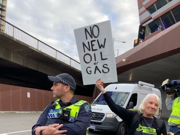 The lone woman suspended from the bridge was supported by other protesters on the ground.