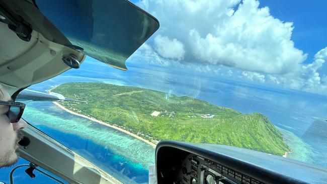 Cessna Caravan Fleet Manager Harry Hawkins on his first approach to Murray Island since the all-clear was given, flying the downwind leg on the approach to the airstrip. Picture: Supplied