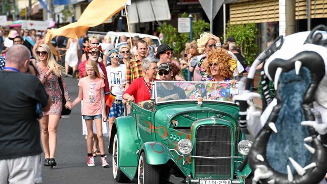 Lismore City Mayour Jenny Dowell jins in the The Tropical Fruits Parade in 2015. Picture: Marc Stapelberg