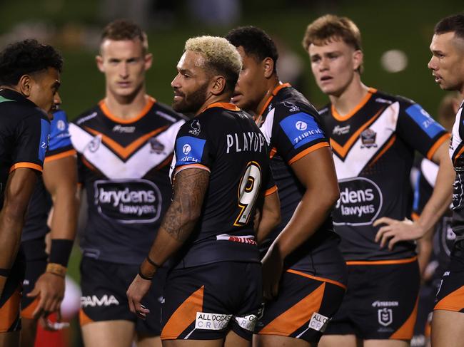 WOLLONGONG, AUSTRALIA - JUNE 07:  Apisai Koroisau of the Wests Tigers reacts after a Dragons try during the round 14 NRL match between St George Illawarra Dragons and Wests Tigers at WIN Stadium on June 07, 2024, in Wollongong, Australia. (Photo by Jason McCawley/Getty Images)