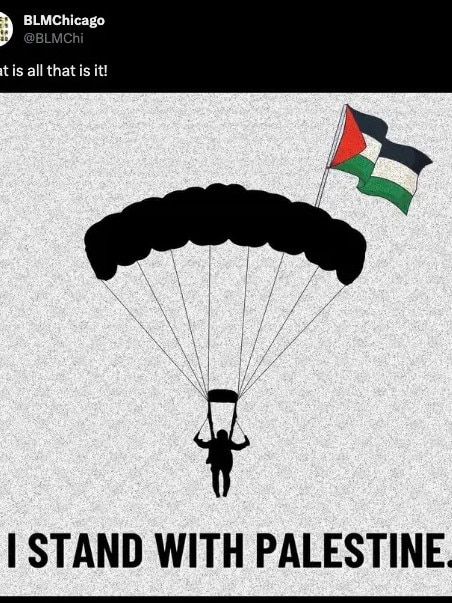 BLM Chicago tweeted an image of a Hamas paraglider, celebrating those who flew into Israel on October 7. Picture: X, formerly Twitter