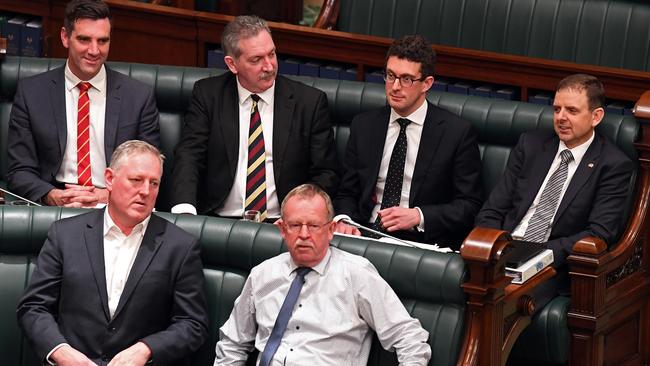 The backbenchers, Steve Murray, Dan Cregan, Nick McBride and Fraser Ellis, join Independent MPs Troy Bell, Geoff Brock in voting against the mining legislation. Picture: Tom Huntley