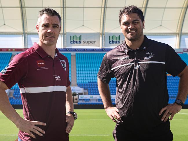 Burleigh Bears assistant coach Michael Witt and Souths Logan coach Karmichael Hunt. Picture: Titans Media