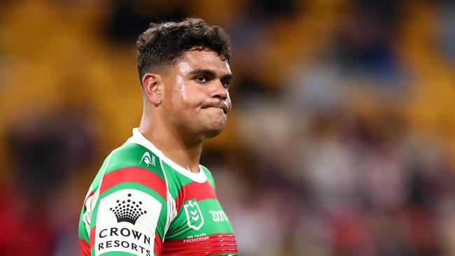 BRISBANE, AUSTRALIA - AUGUST 27: Latrell Mitchell of the Rabbitohs reacts after being sent to the sin-bin for a high tackle on Joseph Manu of the Roosters during the round 24 NRL match between the Sydney Roosters and the South Sydney Rabbitohs at Suncorp Stadium on August 27, 2021, in Brisbane, Australia. (Photo by Chris Hyde/Getty Images)