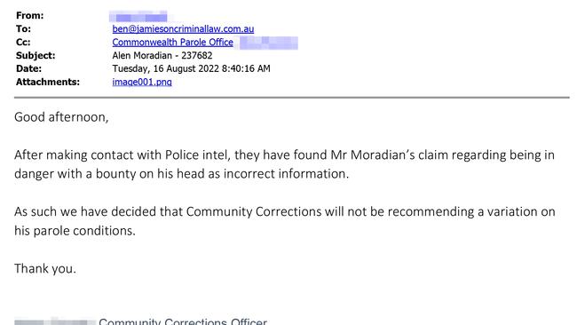 Response sent by Community Corrections to Ben Jamieson, Alen Moradian’s lawyer.