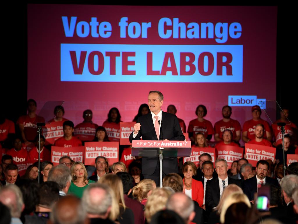 Australian Opposition Leader Bill Shorten delivers a speech during the Vote for Change Rally at Bowman Hall in Blacktown, Sydney. Picture: AAP Image/Lukas Coch