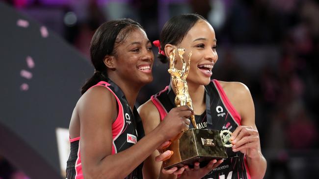 Latanya Wilson (L) and Shamera Sterling celebrate the Thunderbirds Super Netball Grand Final triumph. Picture: Getty