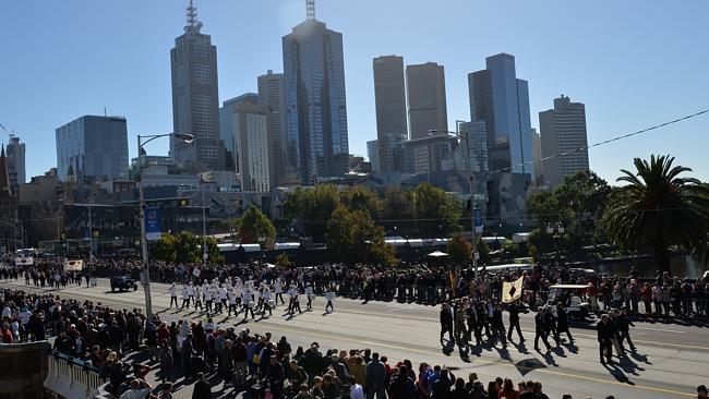 The Anzac Day march to the Shrine of Remembrance. Picture: Nicole Garmston 