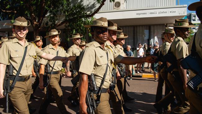 The Anzac Day march through Knuckey Street in Darwin. Picture: Pema Tamang Pakhrin
