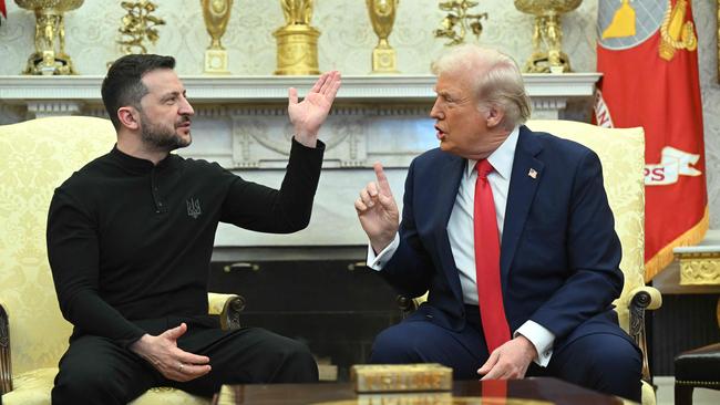 US President Donald Trump and Ukraine's President Volodymyr Zelensky argue in the Oval Office. Mr Trump suspended military aid to Ukraine on March 3. Picture: Saul Loeb/AFP