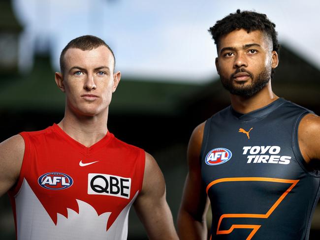 Sydney's Chad Warner and Giants Connor Idun at the SCG for the launch of the Sydney Derby XXVII between the Sydney Swans and the GWS Giants. Photo by Phil Hillyard(Image Supplied for Editorial Use only - **NO ON SALES** - Â©Phil Hillyard )