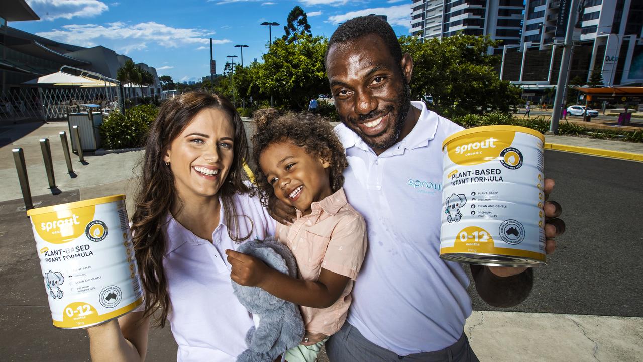 Jenna and Selasi Berdie with their son Kingston, 3, with their international award-winning vegan baby formula, Sprout Organic. Picture: Nigel Hallett