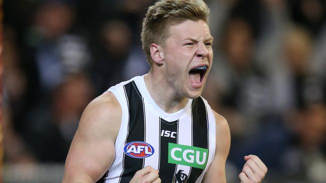 De Goey celebrates a goal against Richmond in last week’s prelim final. Picture: Michael Klein