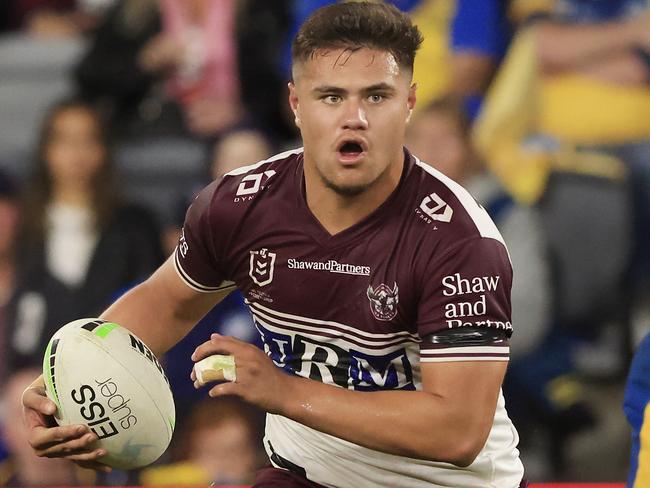 SYDNEY, AUSTRALIA - MAY 23: Josh Schuster of Manly runs the ball during the round 11 NRL match between the Parramatta Eels and the Manly Sea Eagles at Bankwest Stadium, on May 23, 2021, in Sydney, Australia. (Photo by Mark Evans/Getty Images)