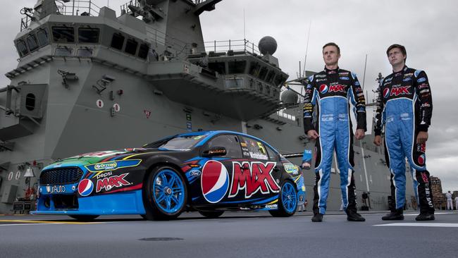 Mark Winterbottom and Chaz Mostert on the deck of HMAS Canberra in 2015, one of Mark Horsburgh’s many classic Supercars images. Picture: Mark Horsburgh