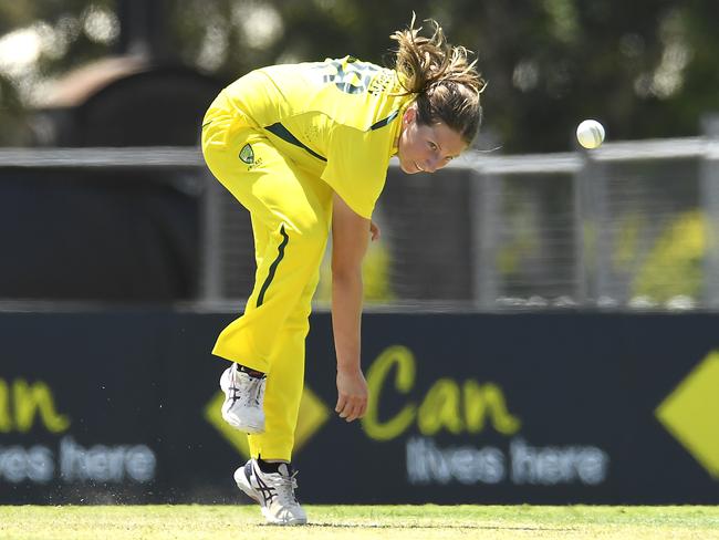 Darcie Brown of Australia bowls during game one of the Women's One Day International series between Australia and India at Great Barrier Reef Arena on September 21, 2021 in Mackay, Australia. Picture: Albert Perez/Getty Images