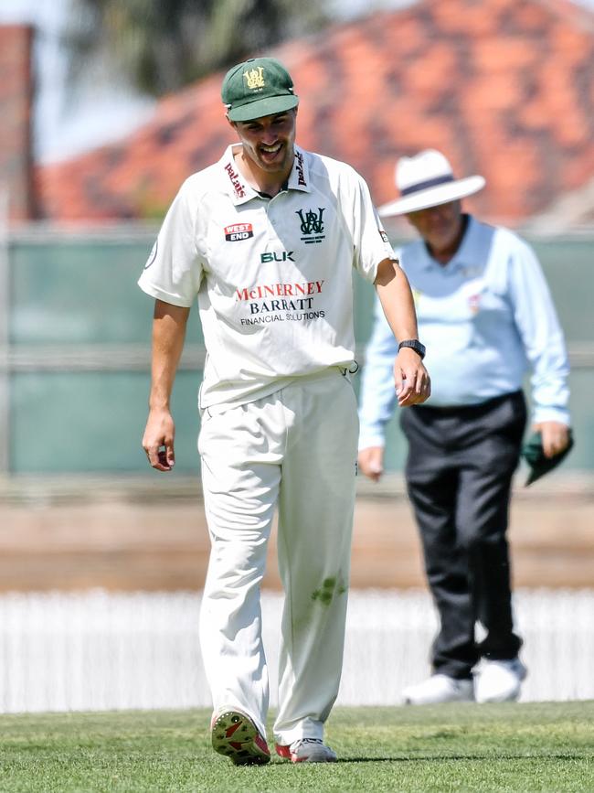 Peckers bowler Ollie McDowall found something funny during the match against the Browns. Picture: AAP/Morgan Sette.