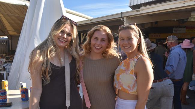 Olivia, Eloise and Maggie at the Roma Rugby Races at Bassett Park on Saturday June 24, 2023. Picture: Chloe Cufflin.