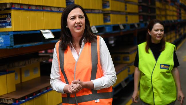 Queensland Premier Annastacia Palaszczuk, pictured here at a battery factory in 2020 with the Member for Mount Ommaney Jess Pugh is trying to recharge relationships with her MPs. Picture: NCA NewsWire / Dan Peled